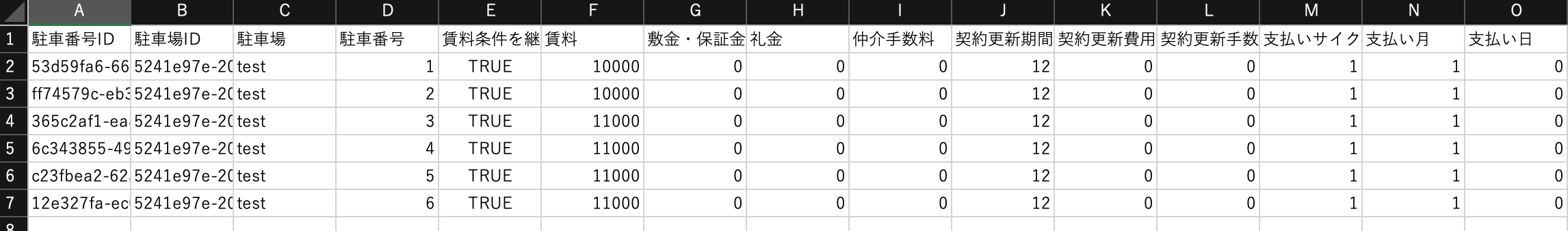 駐車番号のCSVフォーマット